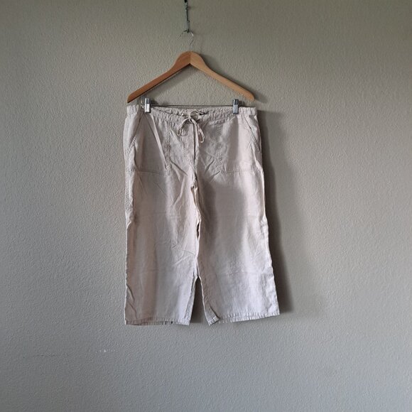 🩵LONDONJEAN Modern Coastal Minimalist Tan Linen Wide Leg Capris Pants Size MM - Picture 1 of 7